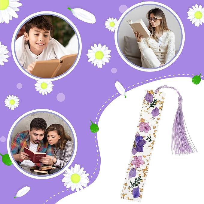 Dimeho Dried Flower Book Marks Tassels Clear Floral Bookmarks Durable Handmade Cute Resin Page Marker Pretty Book Marking Holder Gift for Women Bookworm Book Lovers Increasing Reading Interest(purple)