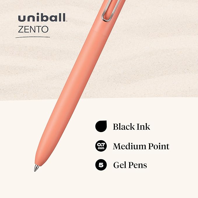 uni-ball Zento Gel Ink Rollerball Pens, 5 Black Medium Point Smooth Writing Pens, Colored Japanese Pens, Dawn Colors