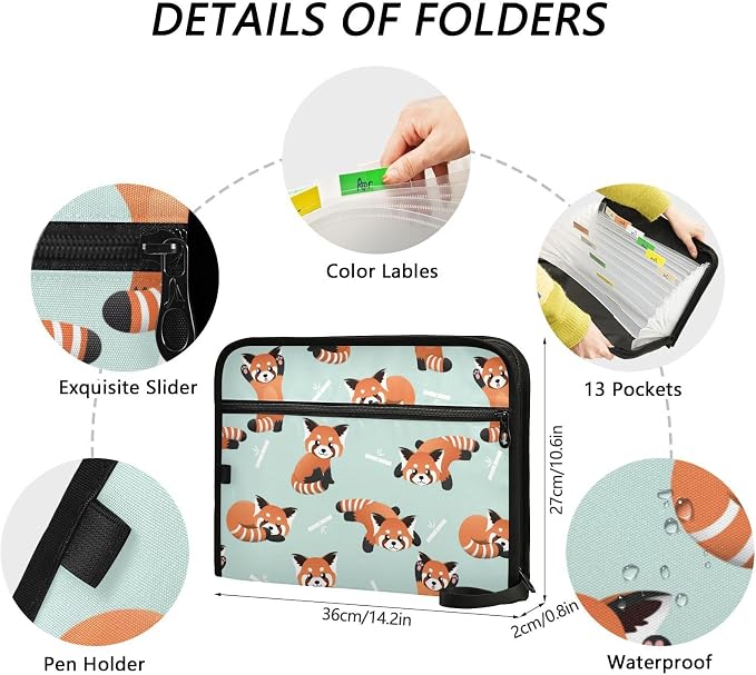 13 Pockets Expanding File Folder Cute Red Panda Cyan with Sticky Labels Accordion File Folder Document Organizer Letter Size A4 Papers Expandable File Keeper