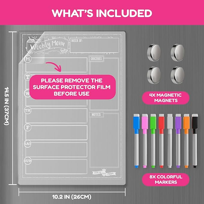 CHALKY CROWN Acrylic Magnetic Weekly Planner for Fridge - Menu Board for Kitchen with 8 Magnetic Markers - Weekly Meal Planner for Fridge with Grocery List & Notepad - Menu Planner (14.5x10.2)
