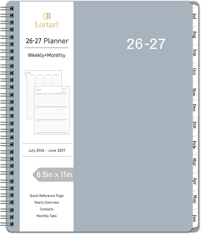 2026-2027 Planner - 2026-2027 Planner Weekl and Monthly from July 2026 to June 2027, Academic Planner with Spiral Bound, Inner Pocket, 8.5'' x 11'', Grey