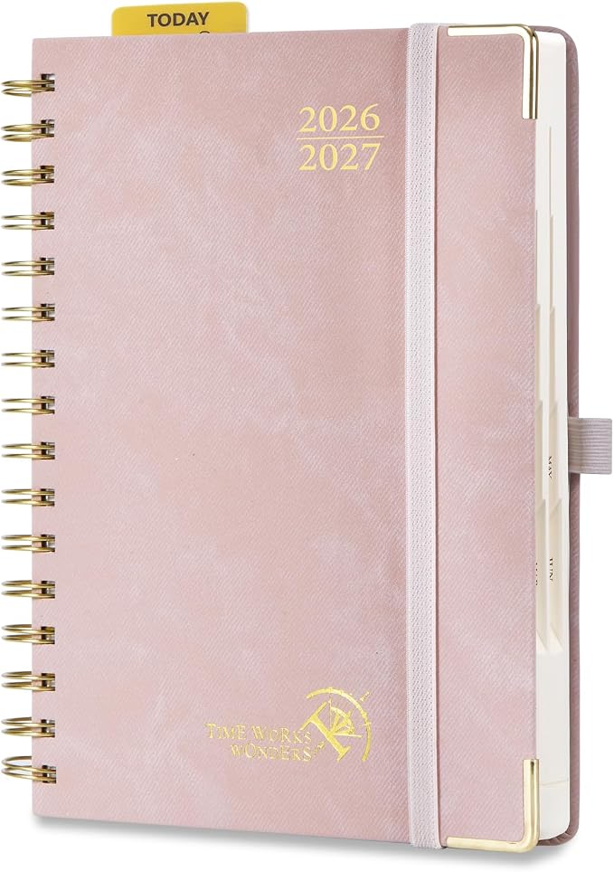 POPRUN Daily Planner 2026-2027 One Page Per Day (6" x 8.5"), 12 Months Hourly Appointment Book (July 26-June 27) Academic Planner Calendar Book with Inner Pocket, Spiral Hardcover - Pink