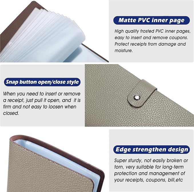 Leather Coupon & Receipt Organizer, Portable Receipt Holder with 40 Clear Pockets for Home, Shopping, Travel, Business Trip – Keep Receipts and Coupons Organized, Prevent Loss and Damage (Apricot)