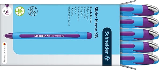 Schneider Slider Memo XB (Extra Broad) Ballpoint Pen, 1.4 mm, Light Blue Barrel, Violet Ink, Box of 10 Pens (150208)
