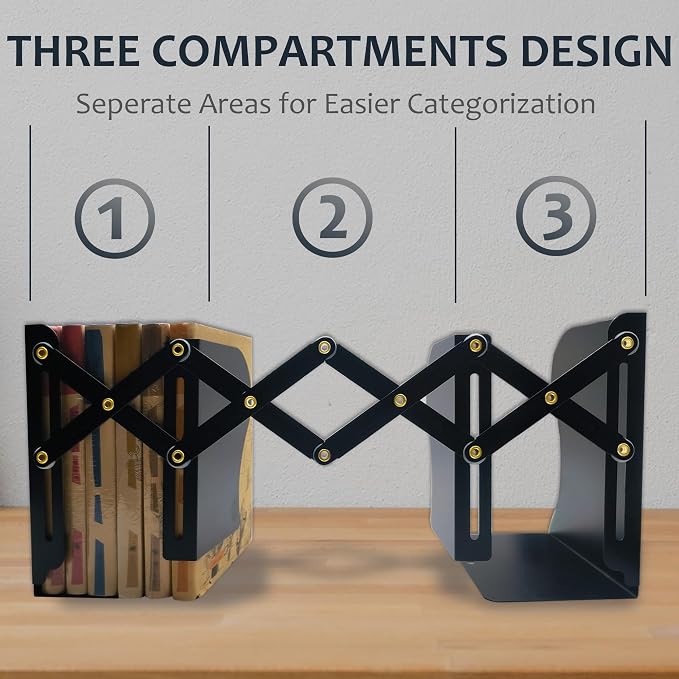 Metal Bookends, Book Ends for Heavy Books, Adjustable Book Holder for Shelves, Book Stopper for Home/School/Office, Extends up to 19 inches, Black