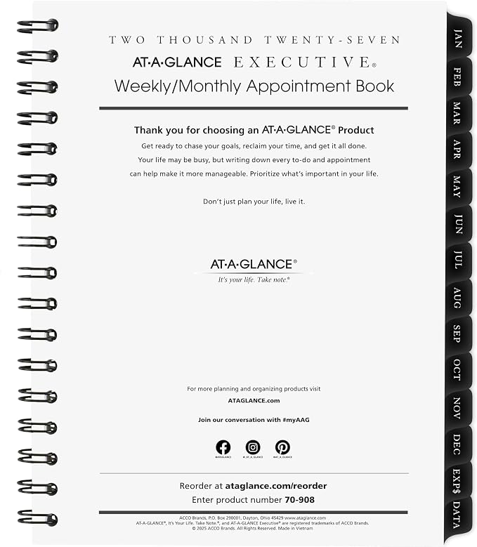 AT-A-GLANCE 2027 Appointment Book Planner Refill, Weekly & Monthly, 6.5" x 8.75", Executive (709081027)