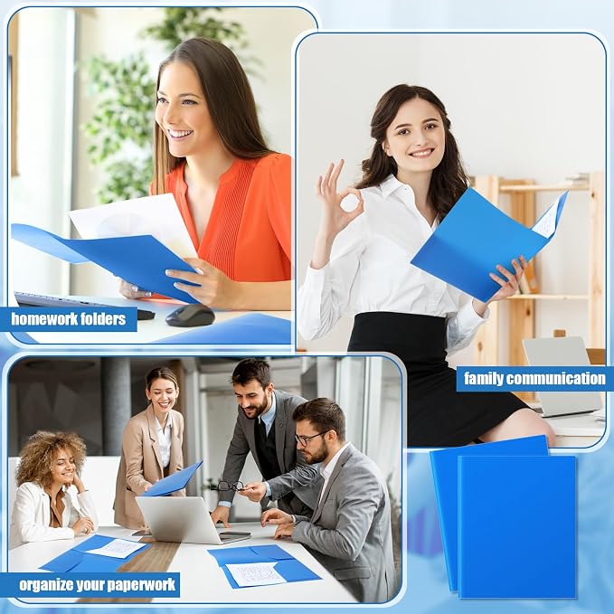 Gueevin 72 Pack Plastic Folder with Pockets, 2 Pocket Folders, Plastic Glossy Folders Fit Letter Size Paper, Heavy Duty Durable File Folder with Business Card for Home Office School (Blue)