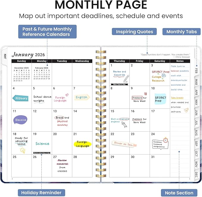 2026 Planner, Weekly and Monthly Calendar Planner for Women, Jan 2026 - Dec 2026, Hardcover Planning Agenda book with Tabs, Spiral Bound, Inner Pocket, Perfect for School Office Supplies, 6.3" x 8.5" - Distant Peaks