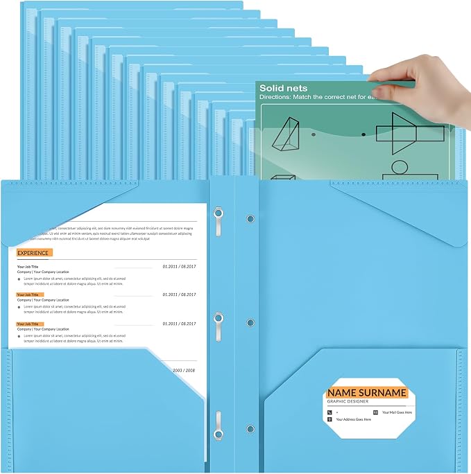 Henoyso 36 Pcs Plastic Folder with Clear Front Pocket and 3 Prong Plastic Folders with Card Slot Pocket Folders with Prongs for School Office (Light Blue)