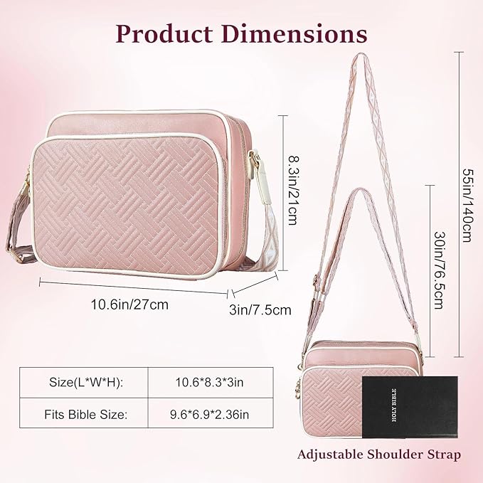 MHJY Bible Bag Leather Bible Cover Case for Women Zipper Quilted Bible Cover with Bible Tabs and Shoulder Strap Crossbody Purses for Book Cover