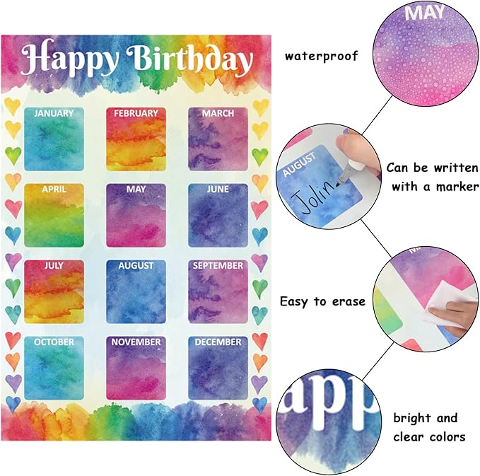 Happy Birthday Chart for Classroom, 2Pcs Birthday Poster Decoration 17’’ x 12’’Watercolor Birthday Calendar Cutouts for School Bulletin Board, Chalkboards, Wall Decor