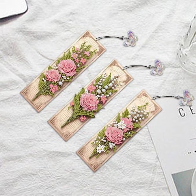 3Pcs DIY Diamond Art Painting Bookmarks with Colorful Butterfly Pendant PET Bookmark Ornament Double Sided Pattern Single Sided Diamond Book Marker Clip Gifts Tags-Pink Rose