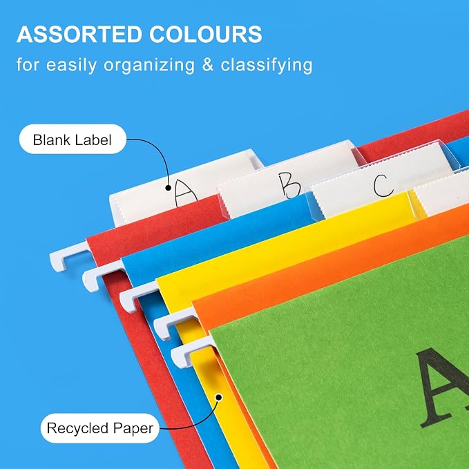 Hanging File Folders, 25 Pack Reinforced Hanging Folders, Adjustable Tab and Blank Label Inserts, Designed for Bulk Files, Filing Cabinet, Assorted Colors