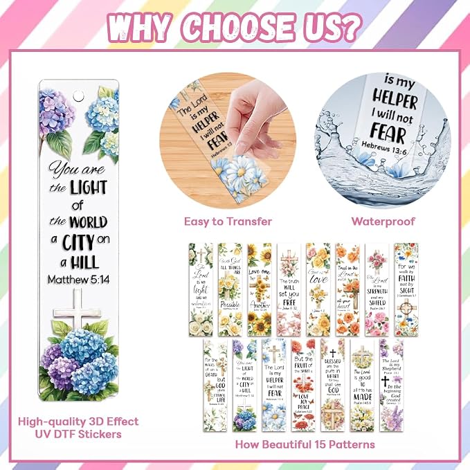 Peacoblue 30pcs UV DTF Bookmarks Transfer Stickers Wraps Bible and Flowers for Women Men Reading, Waterproof Bookmarkers Decal(No Blank Bookmarks) for Acrylic Plastic Metal Blank Bookmark