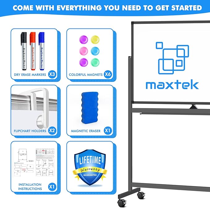 Rolling Dry Erase Board 48 x 32, maxtek Double-Sided Mobile White Board, Large Portable Magnetic Whiteboard with Stand - Easel Style Whiteboard with Wheels for Home Office Classroom School, Black