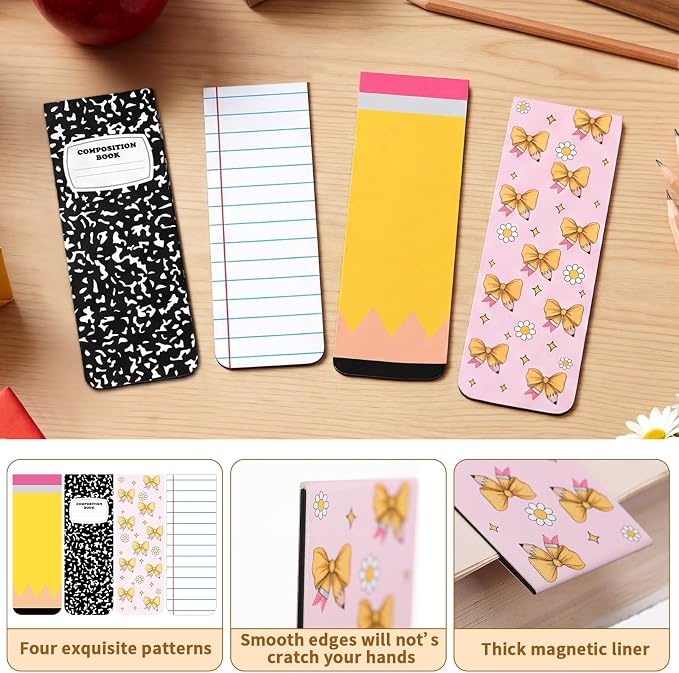 12 Pcs Large Teacher Magnetic Bookmarks 3.9", End of Year Teacher Gifts Back to School Supply Jumbo Magnet Bookmark Pencil Book Marker Page Clip for School Office Home Reading Favor(Cute)