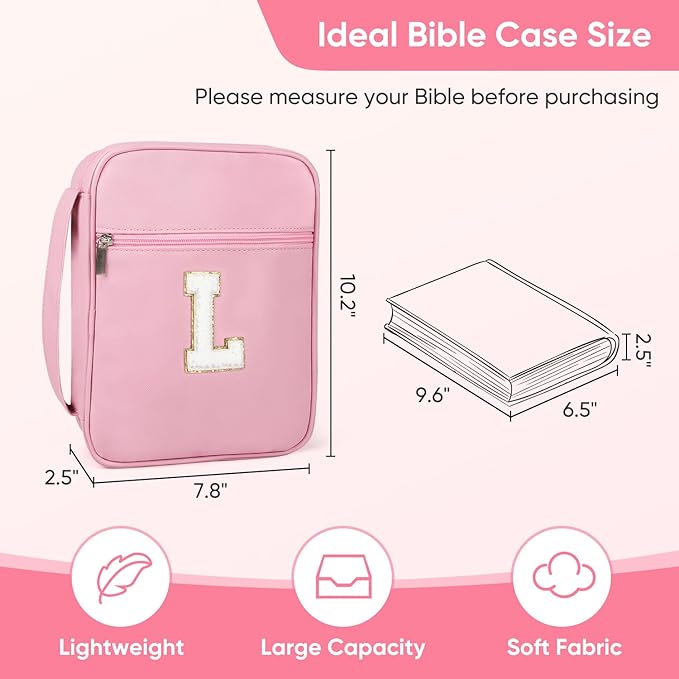 Bible Covers for Girls, Fruobeyla Pink Bible Cases for Woman PU Leather Bibles Carrying Case for Women, Large Bibles Tote Bags with Handle and Zippered Pocket for Kids, Pink (Letter L)