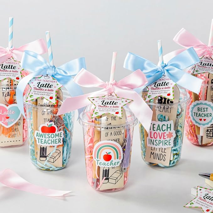 GOGREENWOVEN Teacher Appreciation Gifts in Bulk - 4 Pack Coffee Cup Gift Set with Bookmark, Keychain, Bamboo Pen & Card - Thank You Gifts for Teachers, End of Year, Back to School, Christmas