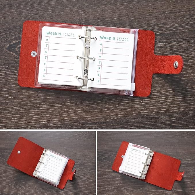 A9 Genuine Leather Journal, Red Handmade Leather Pocket Size Binder Planner, Mini Vintage Leather Planner, 120 Sheets Pages, Loose Leaf 3-Ring with Snap Button Closure (Red)