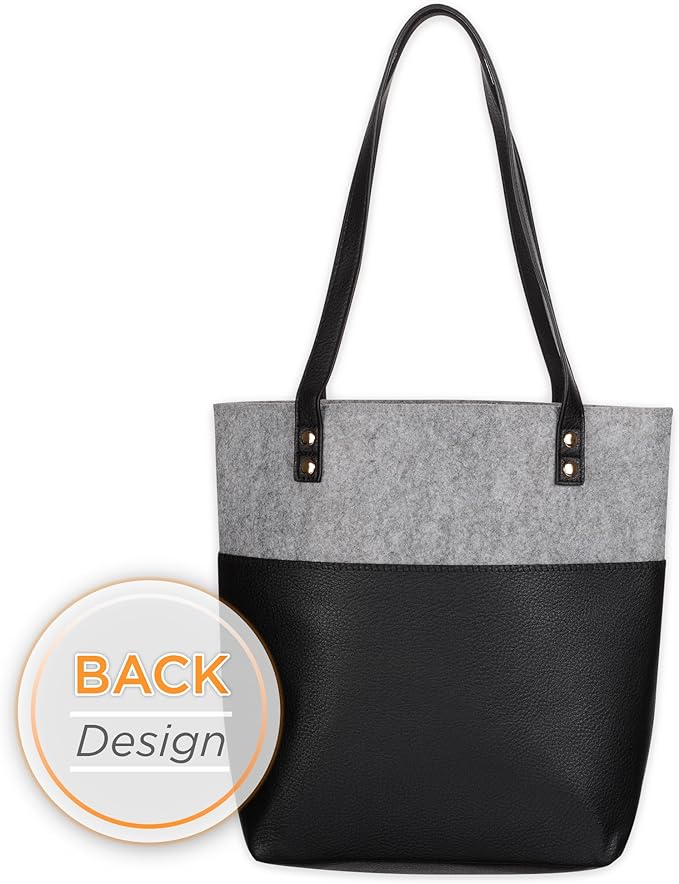 Christian Art Gifts Felt and Faux Leather Fashion Bible Tote Bag for Women: Love Never Fails - 2 Corinthian 13:8 Inspirational Bible Verse, Black and Gray Tote Bag for Travel, Books & School Supplies