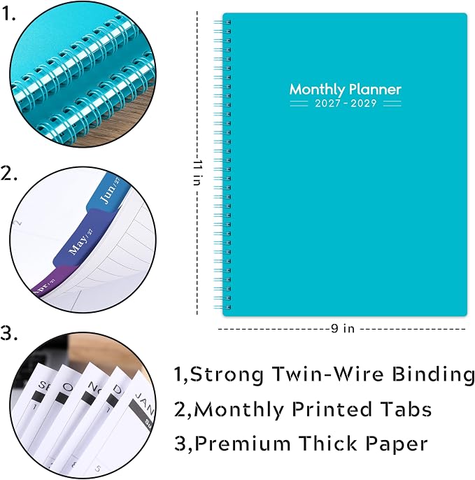 2027-2029 Monthly Planner - 3 Year Planner 2027-2029, Jan.2027 - Dec.2029, 9" x 11", 3 Year Calendar 2027-2028-2029 Monthly Planner with Thick Paper, Colorful Tabs, Pocket for School, Home & Office - Teal