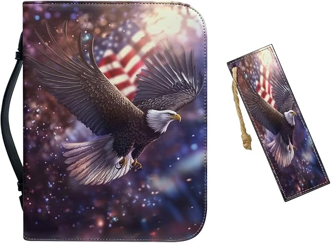 Bible Cover Case Women Men Bible Bag with Bookmark Bible Carrying Case,Bald Eagle and American Flag,Medium