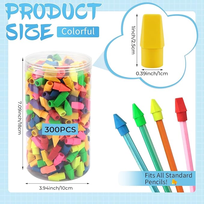 PRALB 300 Pack Pencil Top Eraser Caps, 8 Assorted Colors Chisel-Shaped Eraser Toppers, Essential Classroom Supplies for Teachers, Perfect for School & Office Use