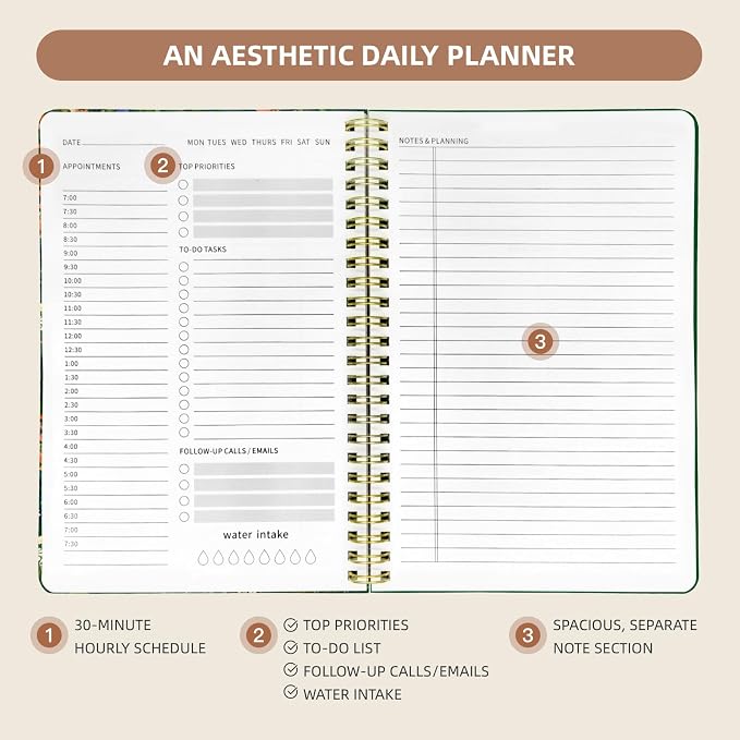 Undated Daily Planner - Spiral Notebook 80 Days One Day Per Page, Hourly Schedule, To-Do List, Notes, Everyday Planning Task, A5 Hardcover Journal Organizer Book Women Cute, Cat Garden