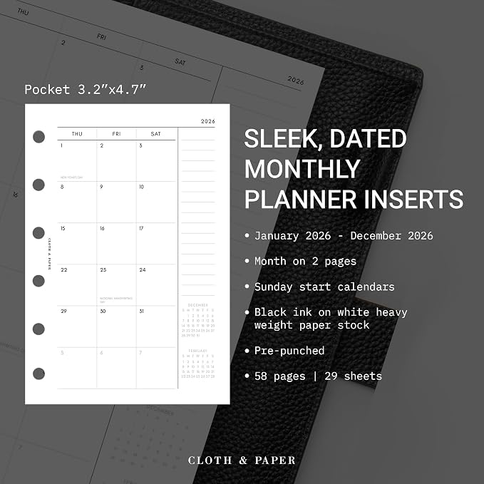 2026 Cloth and Paper Year Dated Monthly Planner Inserts | Sunday Start (Pocket-FBM, white)