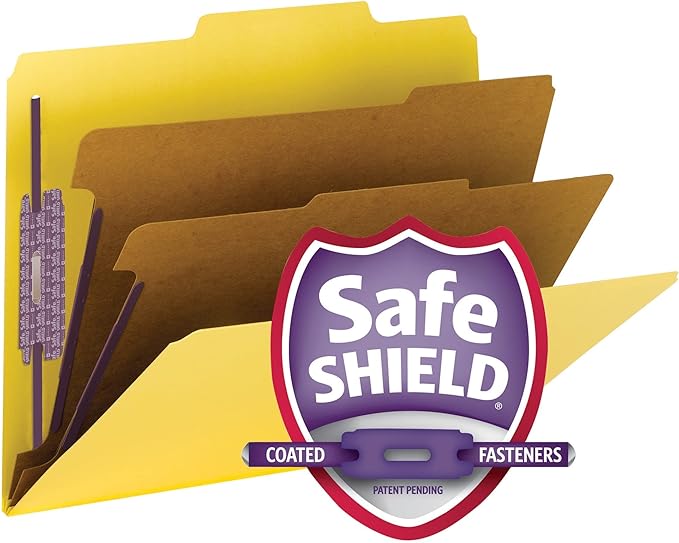Smead PressGuard Classification File Folder with SafeSHIELD Fasteners, 2 Dividers, 2" Expansion, Letter Size, Yellow, 10 per Box (14203)