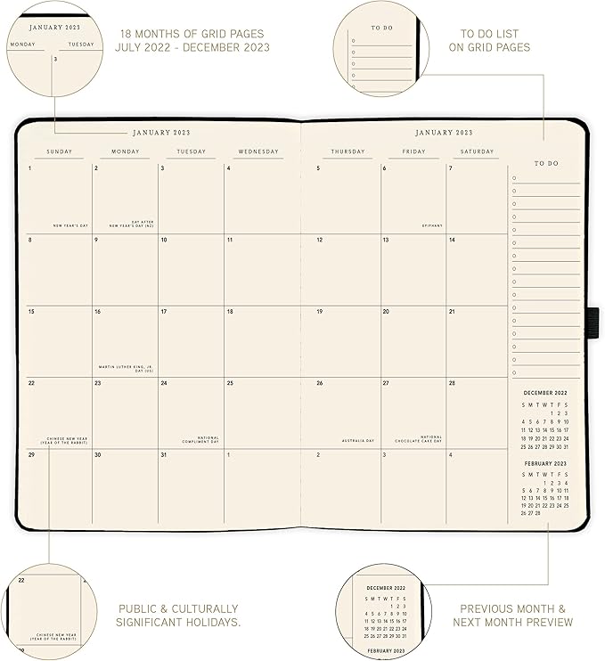 Graphique 2023 Business Planner | 18 Month Organizer, July 2022-Dec. 2023 | Weekly & Monthly Spreads | To-Do List & Note Pages | Pocket & Pen Loop | Vegan Leather | Black | 8 x 10