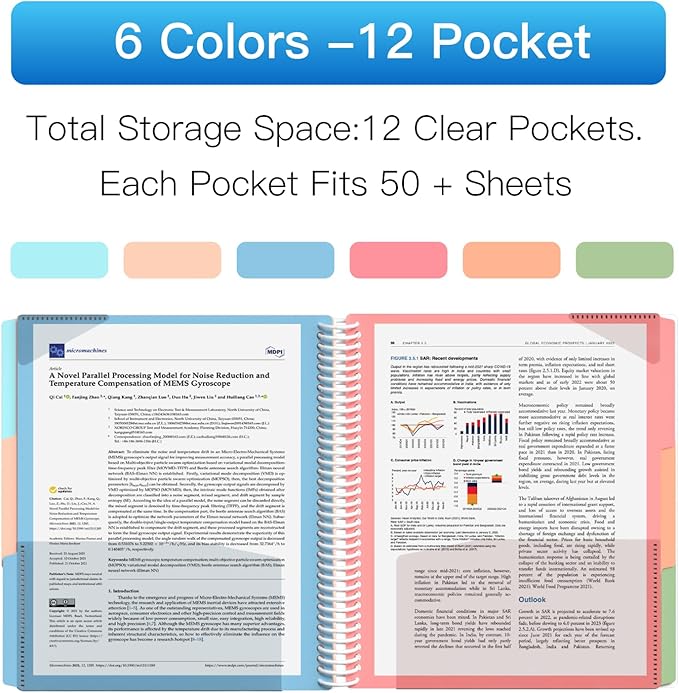 HABGP 12 Pocket Plastic folders with Pockets, 6 Colors Multi Pocket Folder Binder Dividers, Multi-Subject Project Organizer for Office, School Supplies, Letter Size