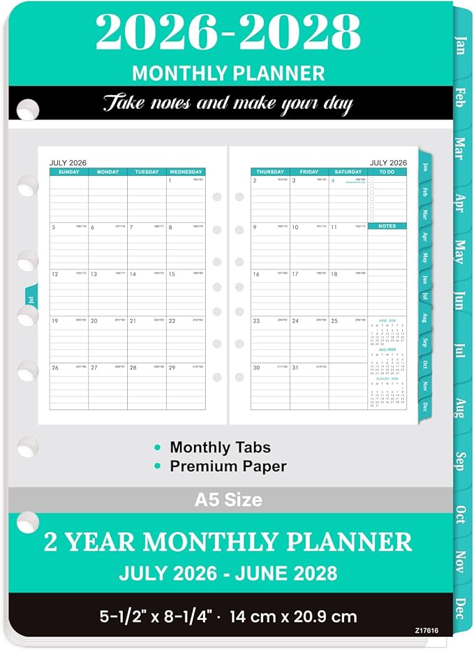 2026-2028 Monthly Planner Refill - A5 Planner Inserts with 7-Hole Punched for 7-Ring Binder, 5-1/2" x 8-1/2", 2 Year Monthly Calendar with Tabs, July 2026 to June 2028