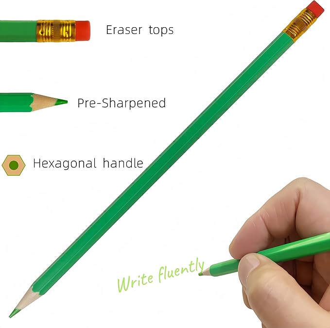 12 Pcs Green Pencils Erasable Checking Pencils, Pre-Sharpened, for Marking, Coloring, Tests, Grading, Office