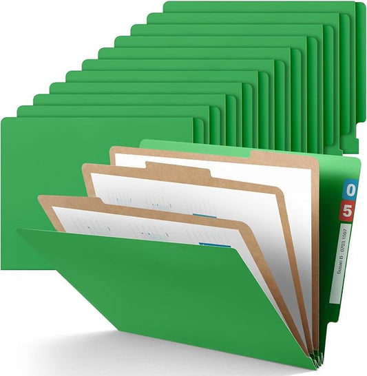 Skyygemm 24 Pcs End Tab Classification Green File Folders 3 Dividers Letter Size with 3.5'' Fasteners and 2 Prongs, Manila Folders Bulk for Office Business Classroom