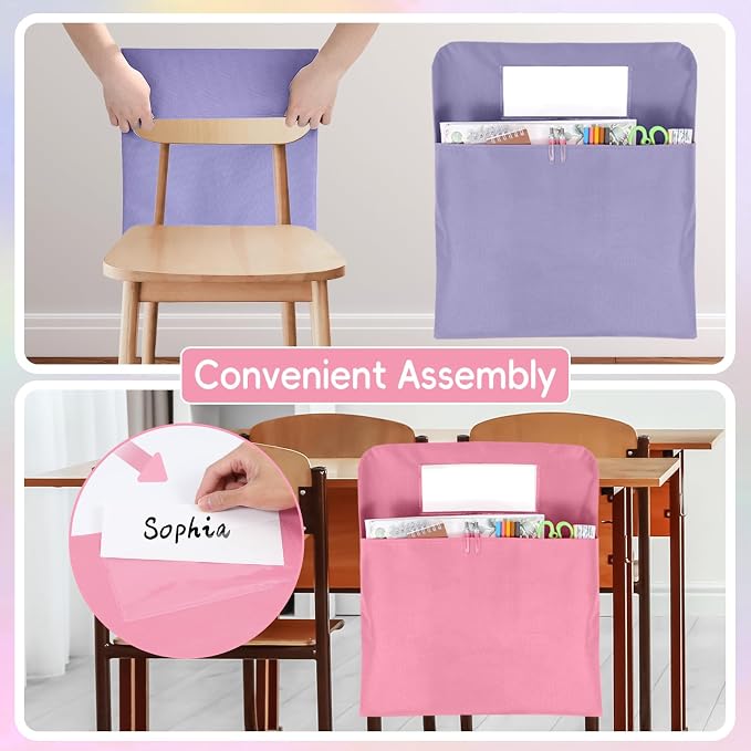gisgfim 24 Pcs Chair Pockets for Classroom 17 x 20 Inch s with Name Tag for Classroom Chairback Pockets Chairs Seat Back Organizer for Student Elementary School Daycare Home Supply (Pastel Pink)