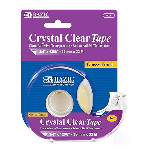 BAZIC PRODUCTS Crystal Clear Tape with Dispenser 3/4" X 1296"– for Home, Office, and School Use; Transparent Tape with Glossy Finish, Ideal for Crafts, & Gift Wrapping, 144-Packs