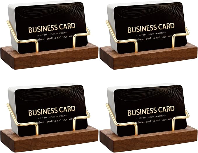 Amyhill 4 Pcs Wood Business Card Holder Display for Desk Metal Wooden Name Card Organizer Business Display Holders for Women Men Office Home Decoration(Gold)
