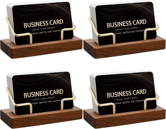 Amyhill 4 Pcs Wood Business Card Holder Display for Desk Metal Wooden Name Card Organizer Business Display Holders for Women Men Office Home Decoration(Gold)