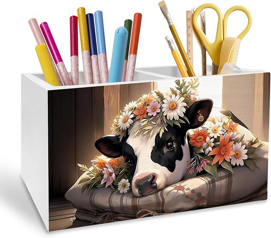 Cottagecore Floral Cow Pen Holder for Desk, Cow Lovers Gifts for Women Pencil Organizer, Farmhouse Animal Wooden Box Sign Desk Decor for Farmhouse Home Office Decoration