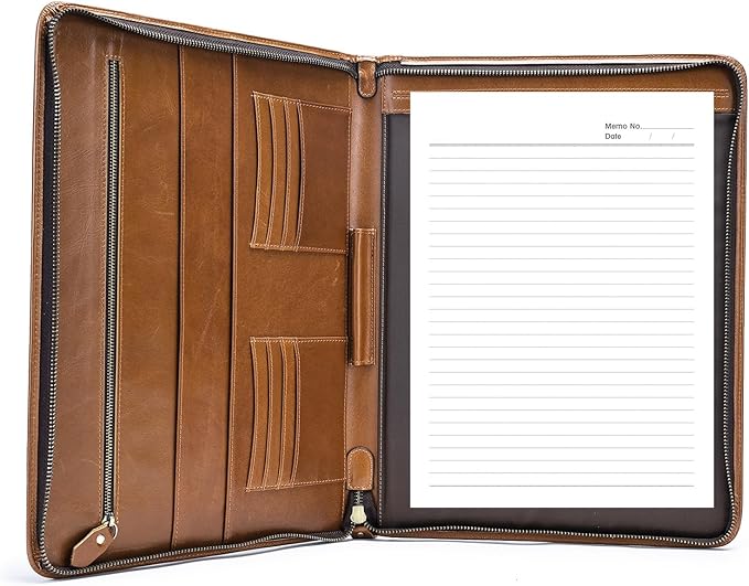 Genuine Leather Portfolio for Men Women Zipper Business Resume Padfolio Organizer Binder A4 Meeting Folder13 inch brown