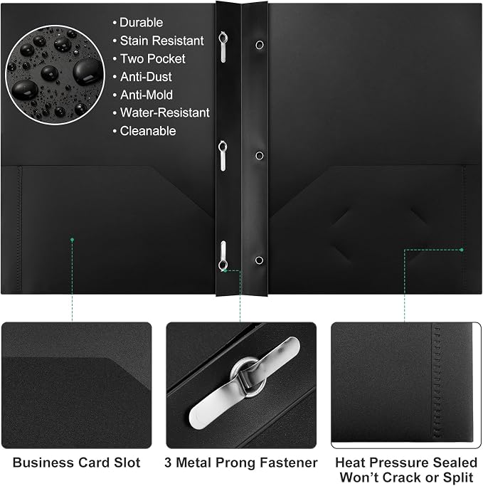 Cholemy 72 Packs Pocket Folders with Prongs Heavy Duty Plastic Folder with Business Card Slot 3 Prong Fasteners for School Office (Black,Green)
