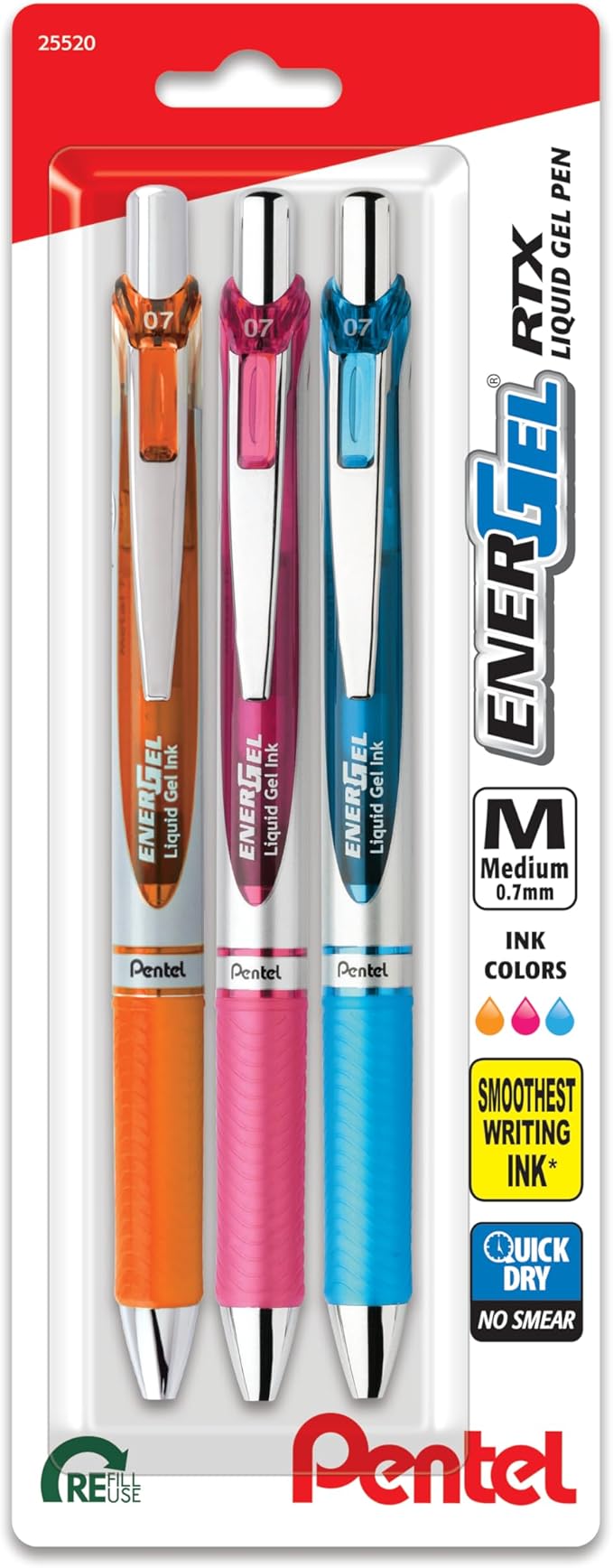 Pentel EnerGel Deluxe RTX Retractable Liquid Gel Pen, Medium Line, Metal Tip, Assorted Ink, 3 Pack (BL77BP3M2)