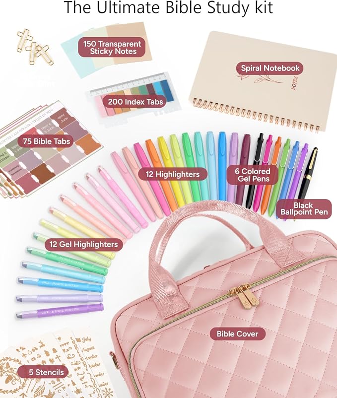 Bible Journaling Kit – Quilted Bible Cover Case for Women, 31 Highlighters, 75 Tabs, Bible Study Supplies & Christian Gift for Women and Teens (Shoulder Strap, Blush Pink)