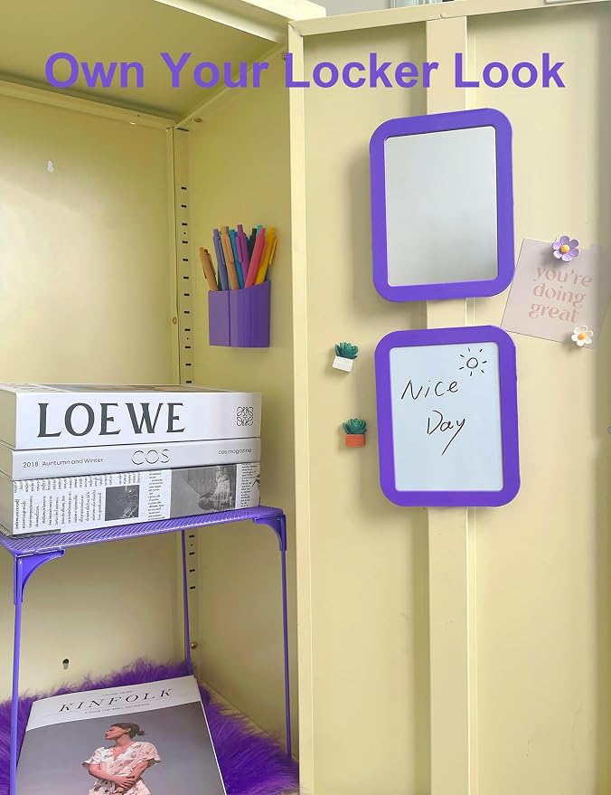 Locker Accessories Kit for Girls, 14PCS Back to School Supplies Includes Magnetic Whiteboard, Mirror, Pen Holder, Markers, Magnets, Locker Organizer & Decorations for School Locker Home Office-Purple