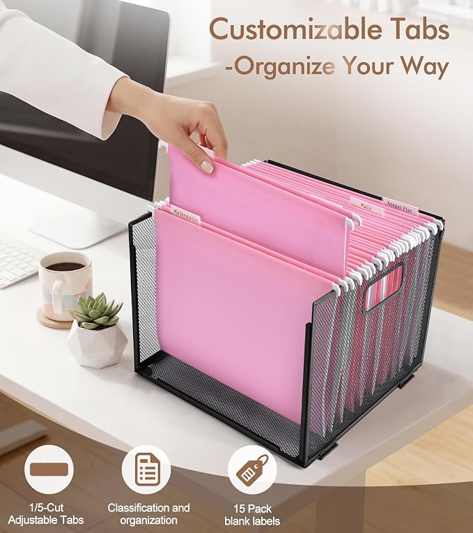 Plastic Hanging File Folders Letter Size, Colored Hanging File Folders with Tabs, Durable Waterproof Plastic Hanging Folders for Filing Cabinets, Office, School & Home Organization (15, Pink)
