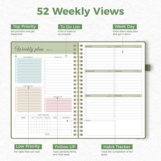 Oucaru Undated Weekly Planner, 8.5"x11", A4 Size To Do List Notebook with Goal & Habit Tracker Organizer, 52 Weekly Planner Notebook with Spiral Binding for Office Home School Supplies