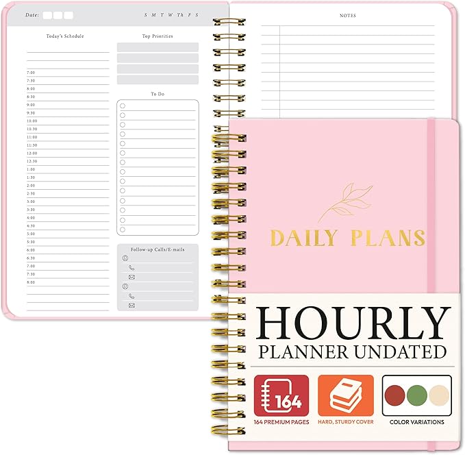Undated Daily Planner with Hourly Schedule – Minimalist Notebook for Work, Home & Daily Writing | Simple Matte Notes for Goals, Appointments & Productivity, Elegant Cardstock Pages, Pink