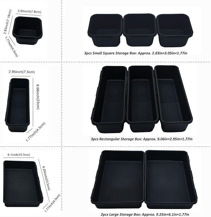 U-KIME 8-Piece Interlocking Drawer Organizer Trays, Black Plastic Modular Storage Bins for Kitchen, Bathroom, Office & Desk Drawers