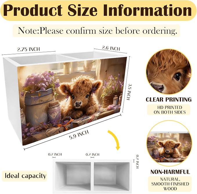 Lavender Highland Cow Pen Holder for Desk, Highland Cow Gifts for Women Pencil Organizer, Farmhouse Rustic Heifer Wooden Box Sign Desk Decor for Girl Nursery Home Office Decoration
